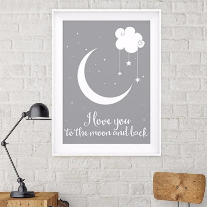Kinderzimmer-Poster „Ich liebe dich bis zum Mond und zurück“ mit Heißluftballon