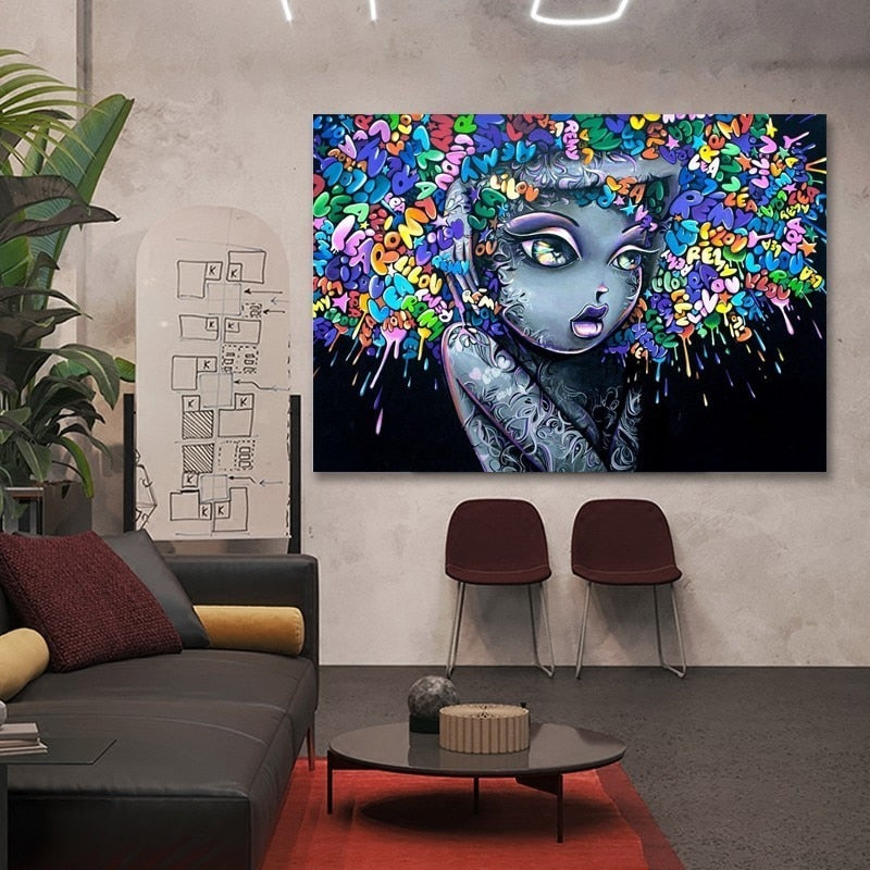 Schönes Mädchen Graffiti Kreatives Haar - Leinwand Wandkunst Malerei