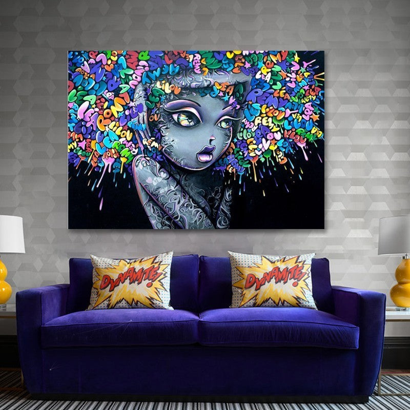 Schönes Mädchen Graffiti Kreatives Haar - Leinwand Wandkunst Malerei