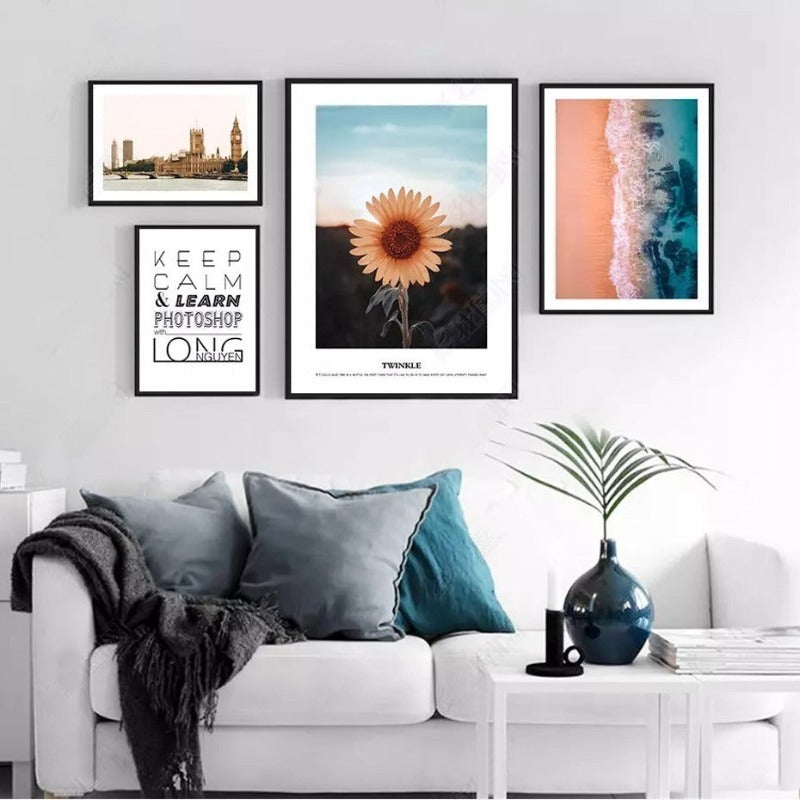 Moderne skandinavische Stadtlandschaft mit Sonnenblumen – Leinwandbild