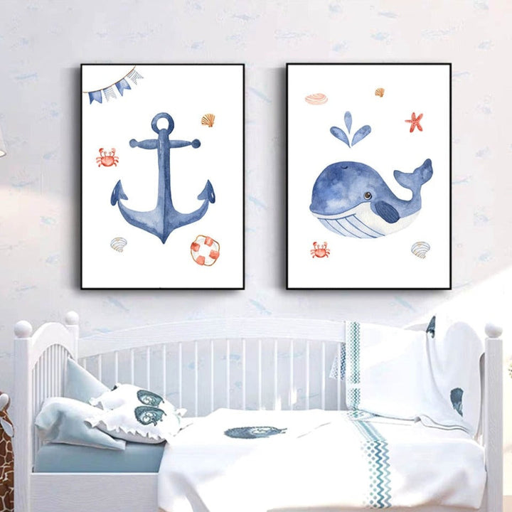 Wandbild mit Segelboot, Leuchtturm und Anker fürs Kinderzimmer – Leinwandbild
