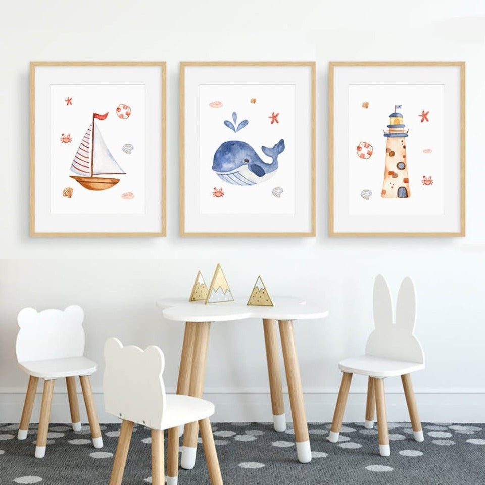 Wandbild mit Segelboot, Leuchtturm und Anker fürs Kinderzimmer – Leinwandbild