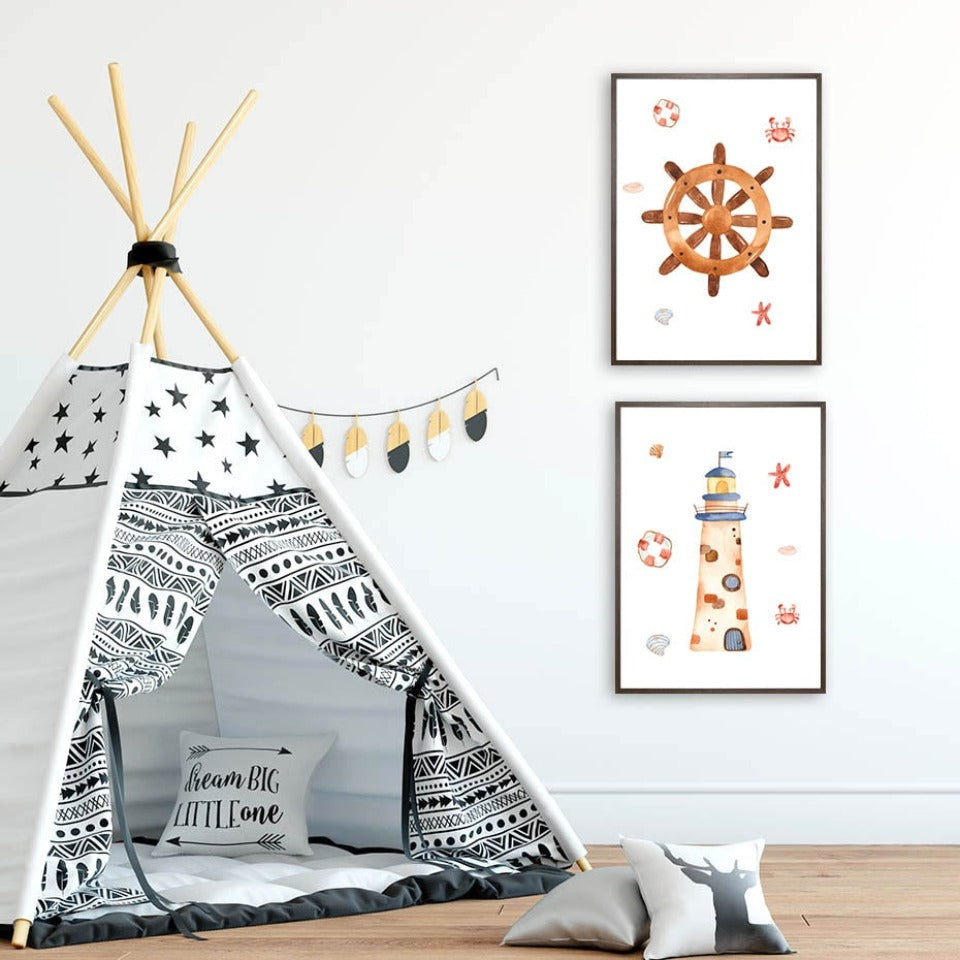 Wandbild mit Segelboot, Leuchtturm und Anker fürs Kinderzimmer – Leinwandbild