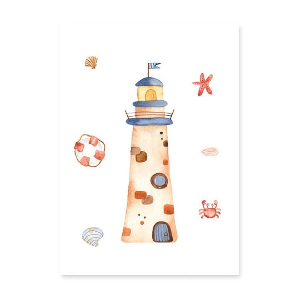 Wandbild mit Segelboot, Leuchtturm und Anker fürs Kinderzimmer – Leinwandbild