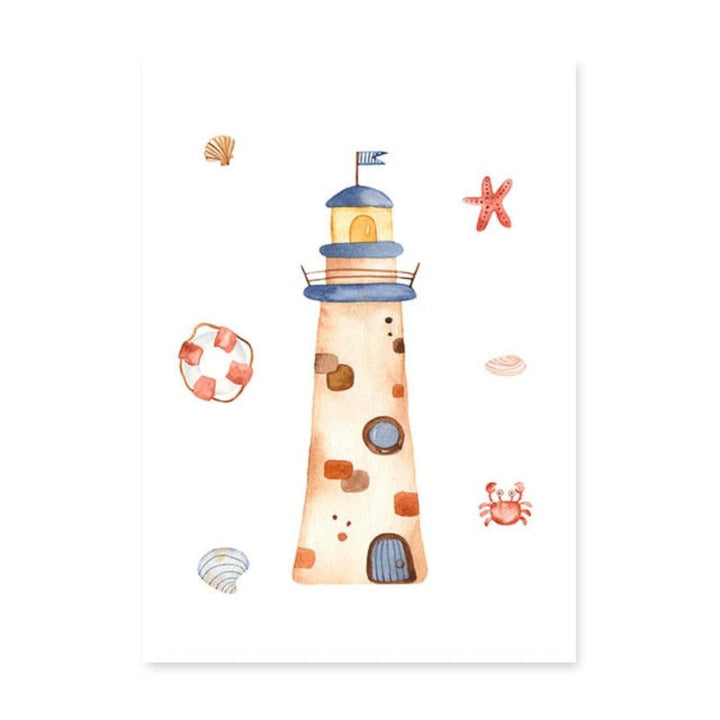 Wandbild mit Segelboot, Leuchtturm und Anker fürs Kinderzimmer – Leinwandbild