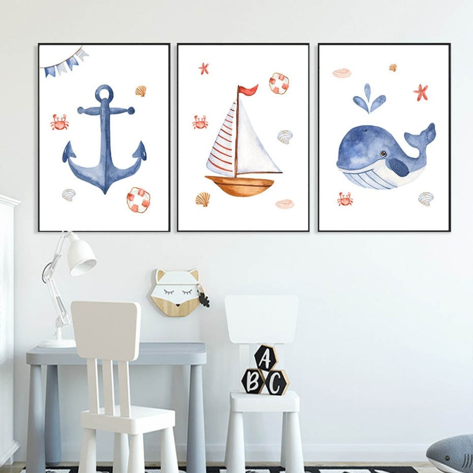 Wandbild mit Segelboot, Leuchtturm und Anker fürs Kinderzimmer – Leinwandbild