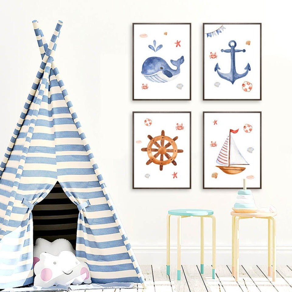 Wandbild mit Segelboot, Leuchtturm und Anker fürs Kinderzimmer – Leinwandbild