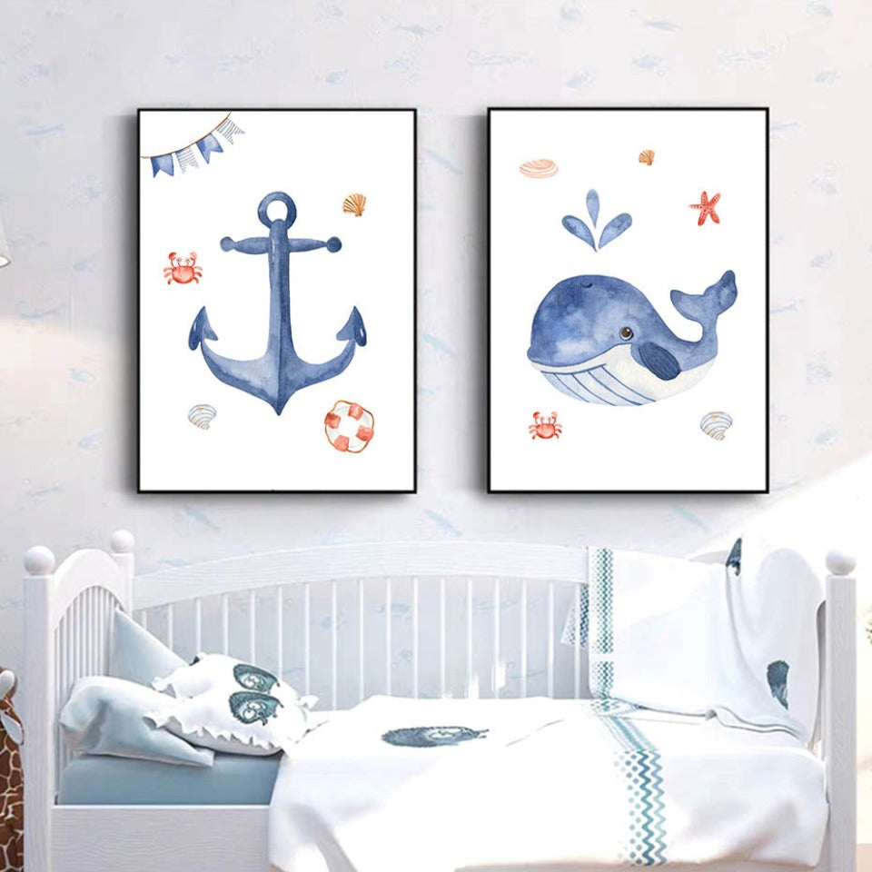 Wandbild mit Segelboot, Leuchtturm und Anker fürs Kinderzimmer – Leinwandbild