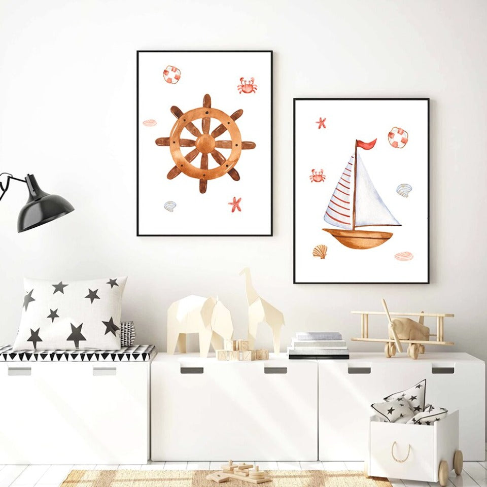 Wandbild mit Segelboot, Leuchtturm und Anker fürs Kinderzimmer – Leinwandbild