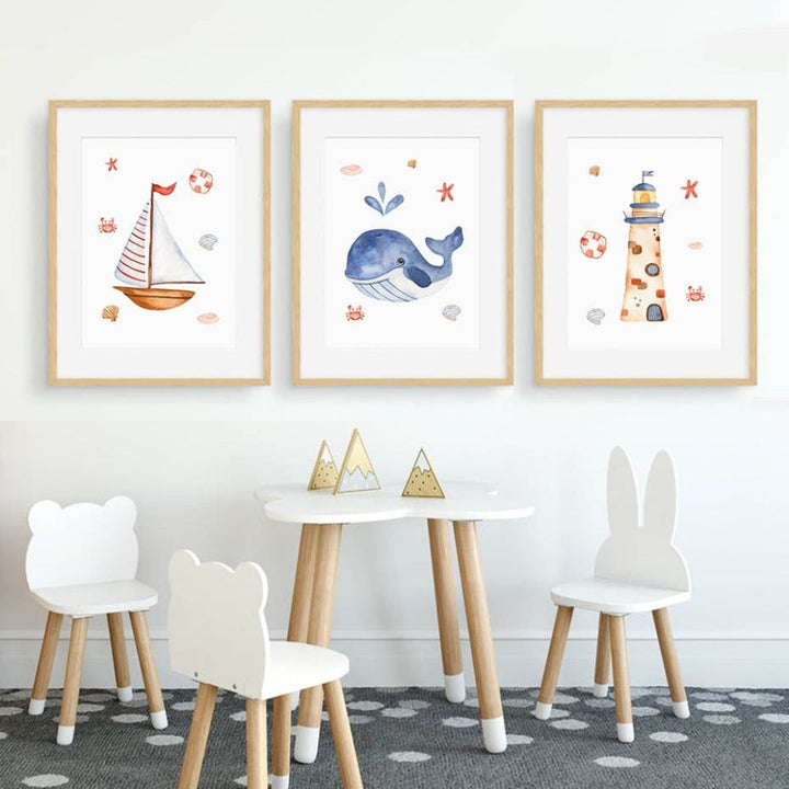 Wandbild mit Segelboot, Leuchtturm und Anker fürs Kinderzimmer – Leinwandbild