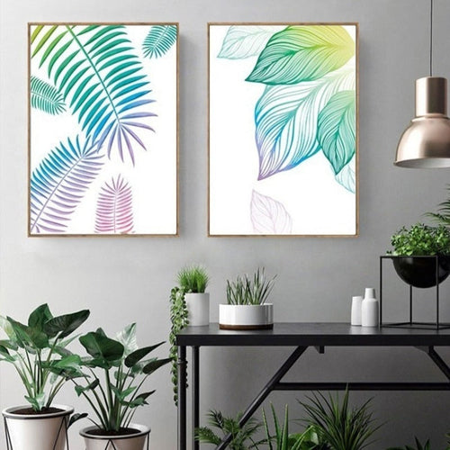 Modernes nordisches Leinwandbild mit frischen Blättern