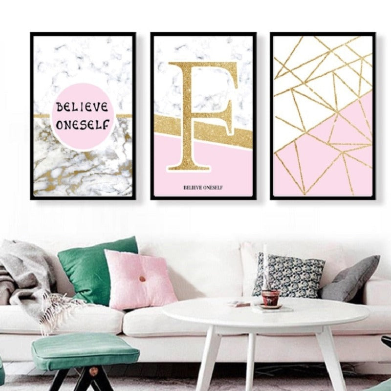 Moderne abstrakte Geometrie, goldene Buchstaben – Leinwandbild