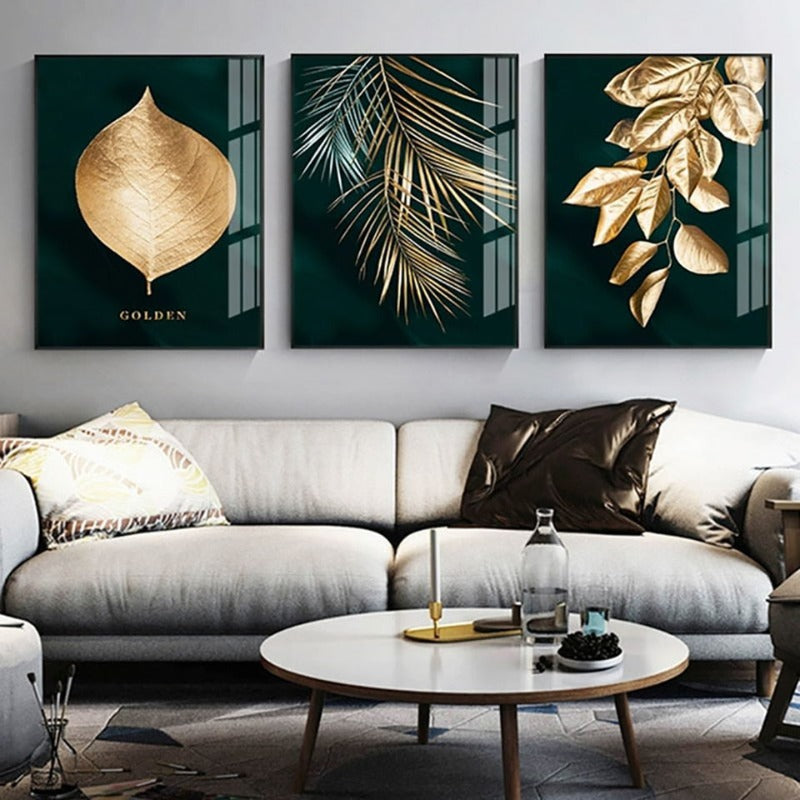 Abstrakte goldene Pflanzenblätter - Leinwand Wandkunst Gemälde