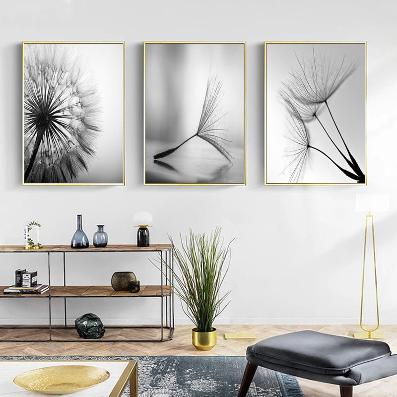 Schwarz & Weiß Löwenzahnblume - Leinwand Wandkunstgemälde