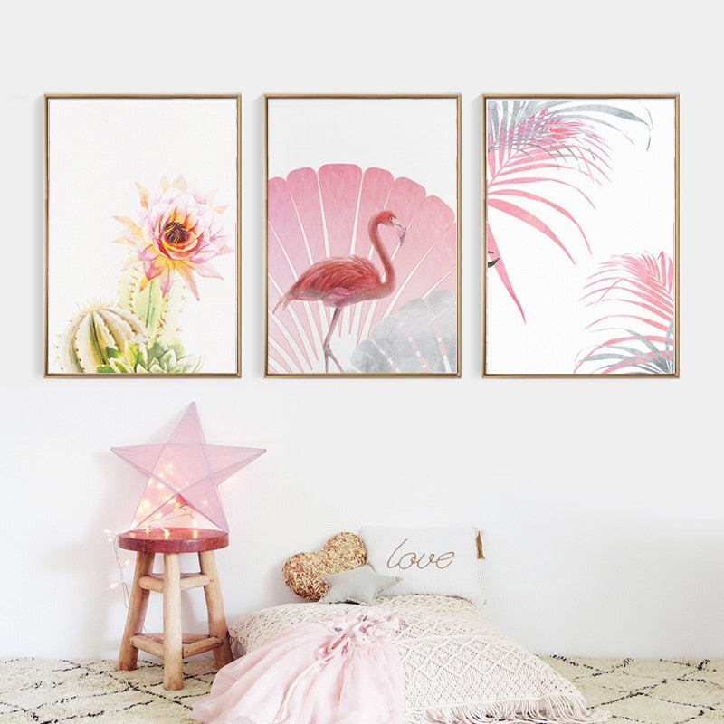 Pink Flamingo Flowers Mädchen - Leinwand Wandkunst Gemälde