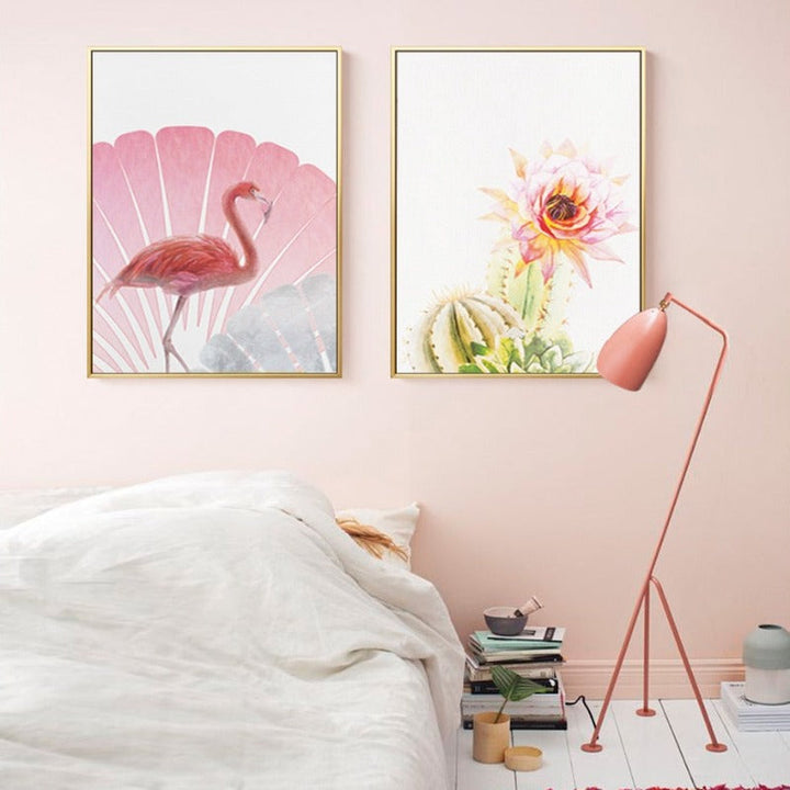 Pink Flamingo Flowers Mädchen - Leinwand Wandkunst Gemälde