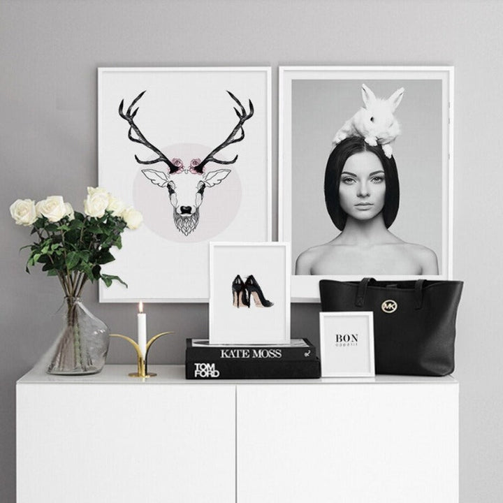 Deer Poster & Print Schwarze Wand - Leinwand Wandkunst Gemälde