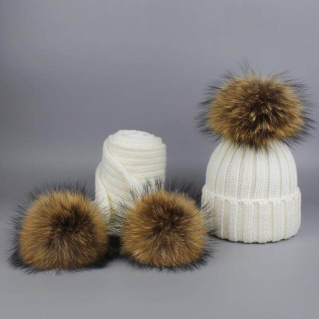 Karnz | Warm gestrickte Pelzmütze Schal Set