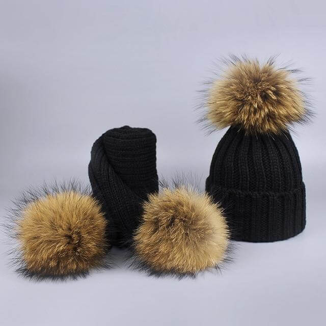 Karnz | Warm gestrickte Pelzmütze Schal Set