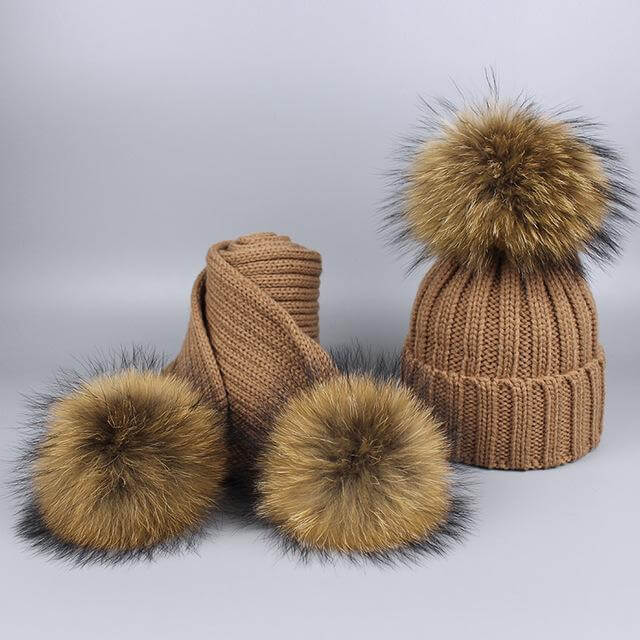 Karnz | Warm gestrickte Pelzmütze Schal Set