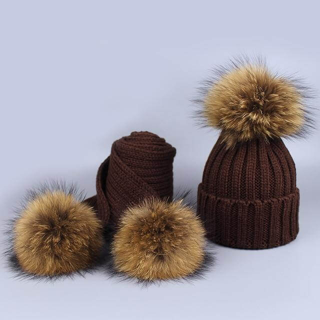 Karnz | Warm gestrickte Pelzmütze Schal Set