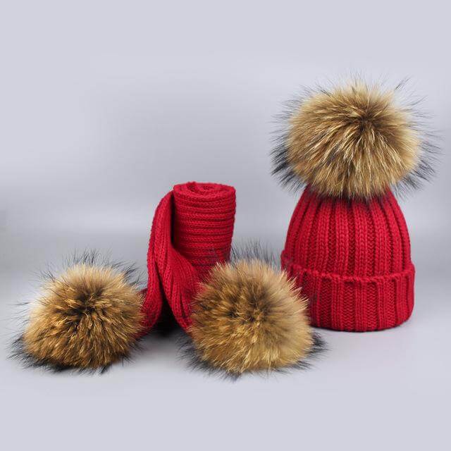 Karnz | Warm gestrickte Pelzmütze Schal Set