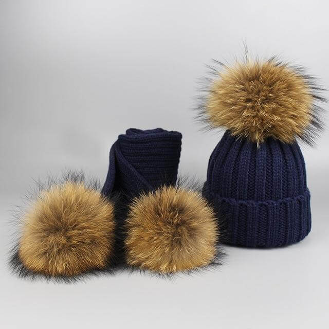 Karnz | Warm gestrickte Pelzmütze Schal Set