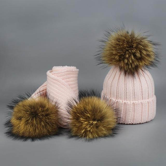 Karnz | Warm gestrickte Pelzmütze Schal Set
