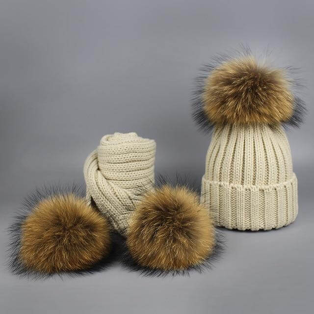 Karnz | Warm gestrickte Pelzmütze Schal Set