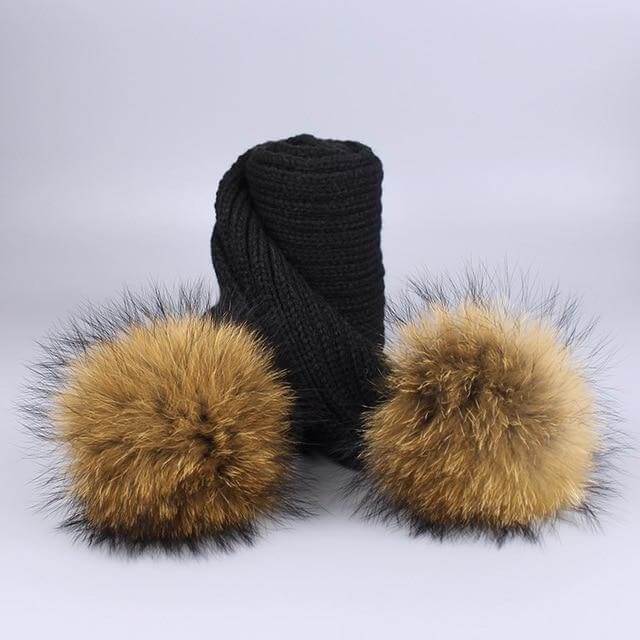 Karnz | Warm gestrickte Pelzmütze Schal Set