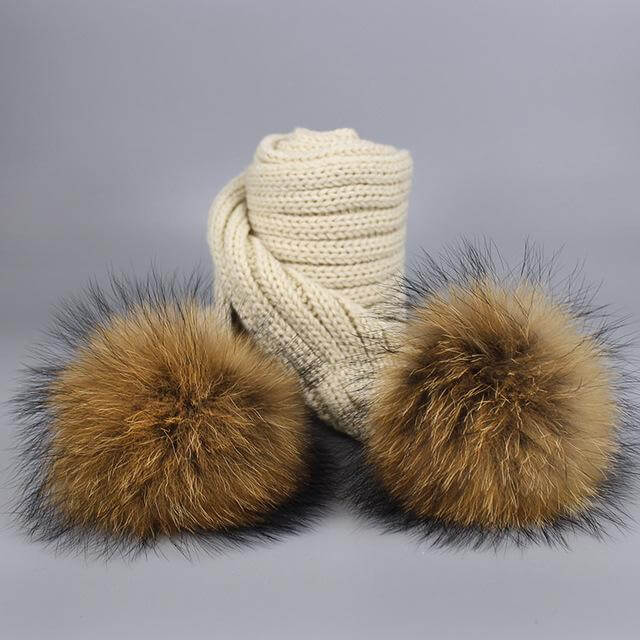 Karnz | Warm gestrickte Pelzmütze Schal Set
