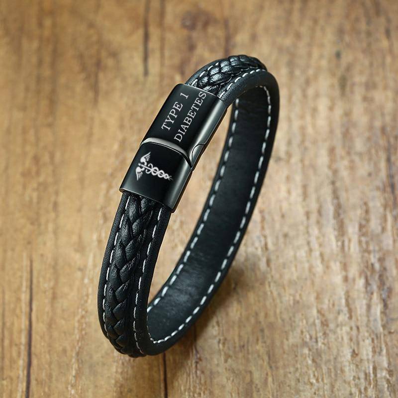 Karnz | Herren Diabetiker medizinisches Alarm-ID-Armband - Genähtes schwarzes Leder - Für Typ 1 und Typ 2 Diabetes