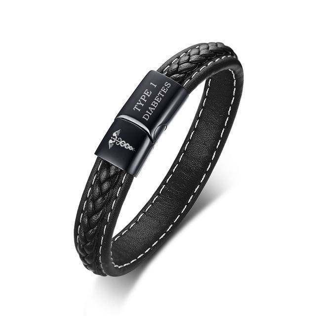 Karnz | Herren Diabetiker medizinisches Alarm-ID-Armband - Genähtes schwarzes Leder - Für Typ 1 und Typ 2 Diabetes