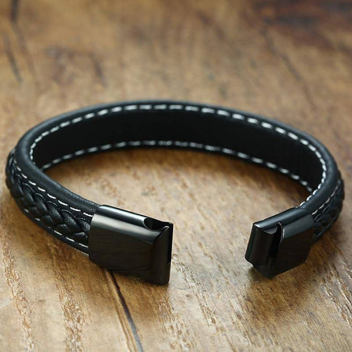 Karnz | Herren Diabetiker medizinisches Alarm-ID-Armband - Genähtes schwarzes Leder - Für Typ 1 und Typ 2 Diabetes