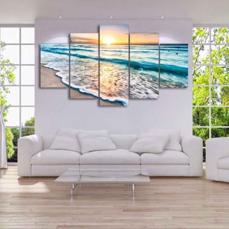 5-teiliges Leinwandbild „Sonnenuntergang am Strand“ | Küsten- und Sonnenuntergangsdekoration für Wohn- und Schlafzimmer