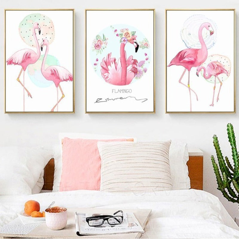Pink Flamingo Tiere Blumen Poster - Leinwand Wandkunst Gemälde