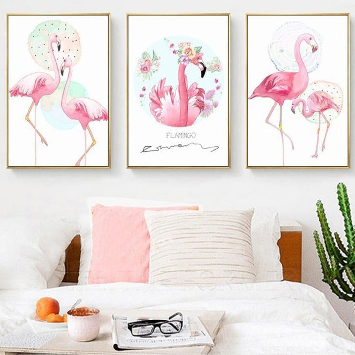 Pink Flamingo Tiere Blumen Poster - Leinwand Wandkunst Gemälde