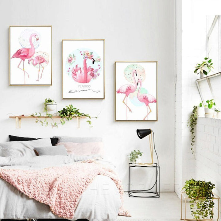 Pink Flamingo Tiere Blumen Poster - Leinwand Wandkunst Gemälde