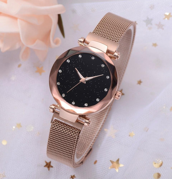 Karnz | Modischer Einzigartiger Mesh Magnetverschluss Exotische Sternen-Diamant Designer Luxus Damen Uhr