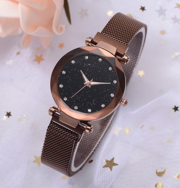 Karnz | Modischer Einzigartiger Mesh Magnetverschluss Exotische Sternen-Diamant Designer Luxus Damen Uhr