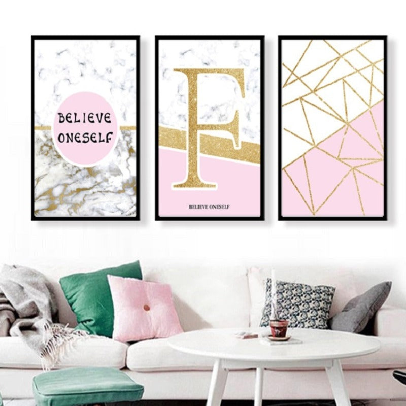 Moderne abstrakte Geometrie, goldene Buchstaben – Leinwandbild