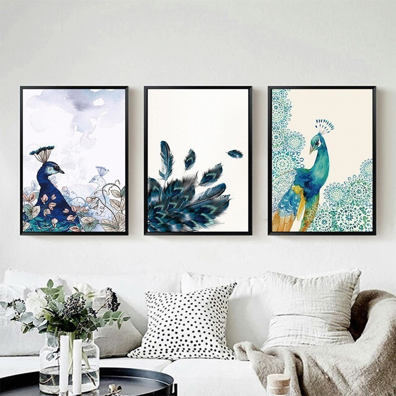 Schöner Pfau Tiere Blumen Poster - Leinwand Wandkunst Gemälde