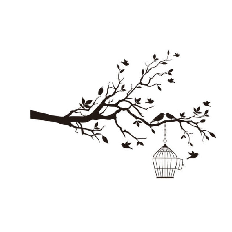 Wandtattoo „Baumzweig mit Vogelkäfig“, abnehmbare Vinyl-Wandaufkleber