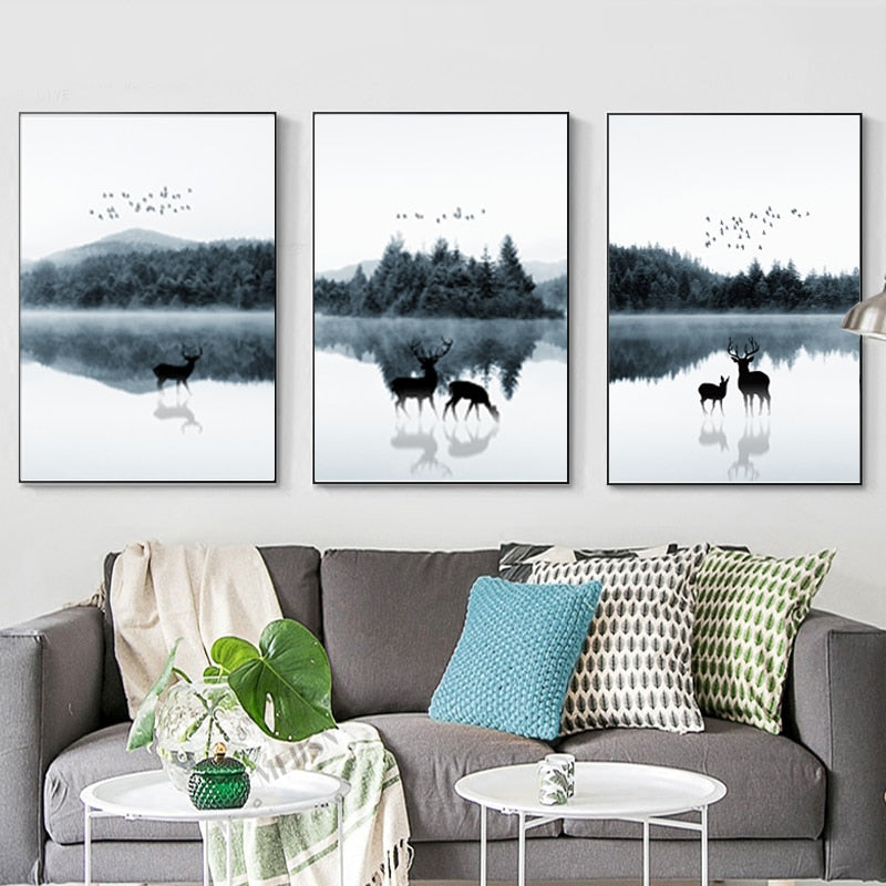 Nordische Landschaft mit Hirschen – Leinwandbild