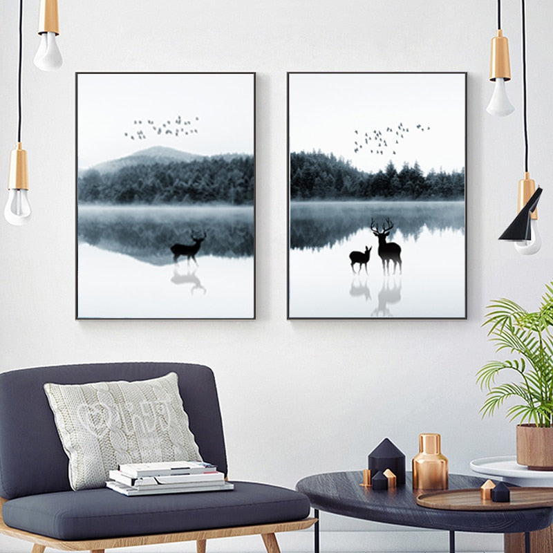 Nordische Landschaft mit Hirschen – Leinwandbild