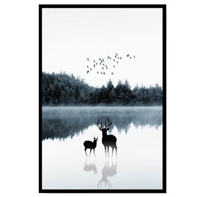 Nordische Landschaft mit Hirschen – Leinwandbild