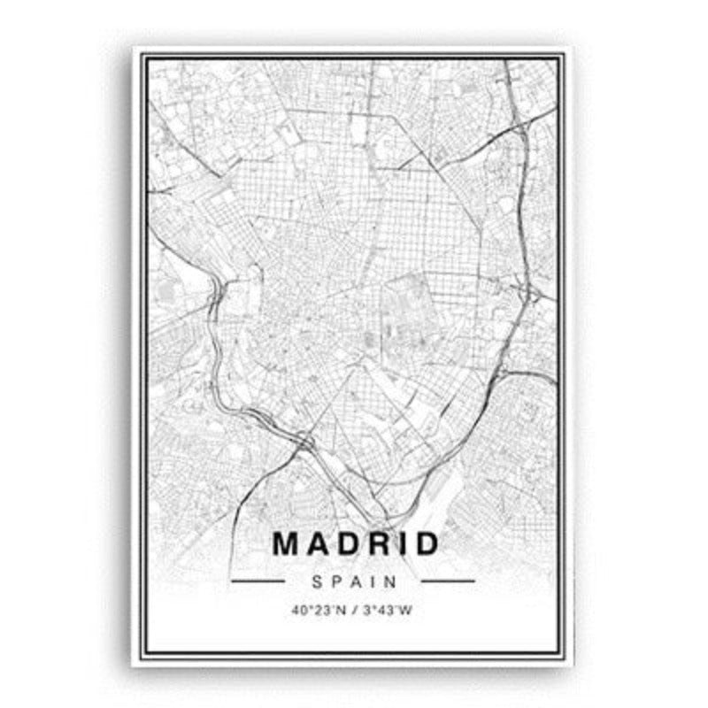 Schwarz-Weiß Madrid Stadtkarte Breitengrad Längengrad Drucke Poster