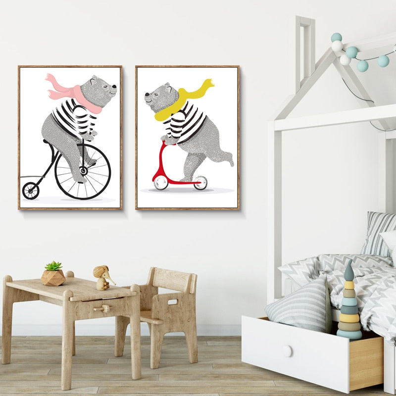 Spielender Bär Auf Fahrrad - Leinwand Wandkunst Malerei