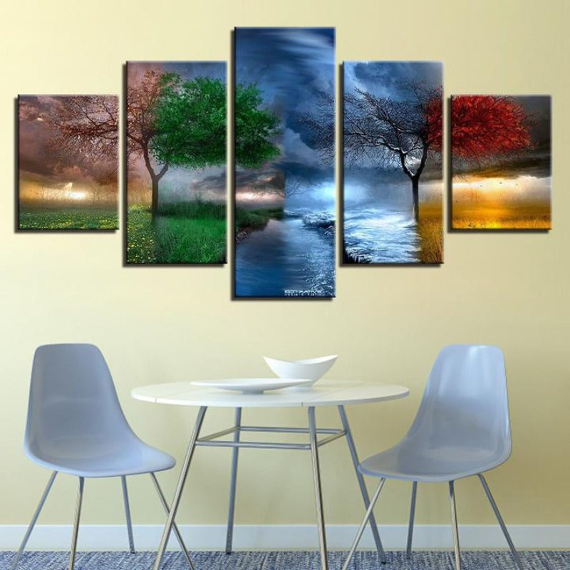 Jahreszeiten im Baum – 5-teiliges Leinwandbild | Von der Natur inspirierte Wandkunst