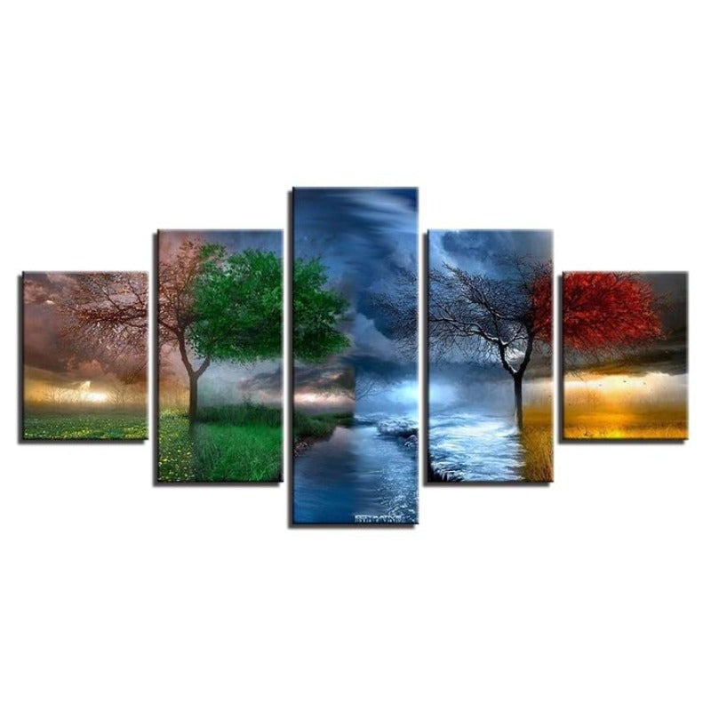 Jahreszeiten im Baum – 5-teiliges Leinwandbild | Von der Natur inspirierte Wandkunst
